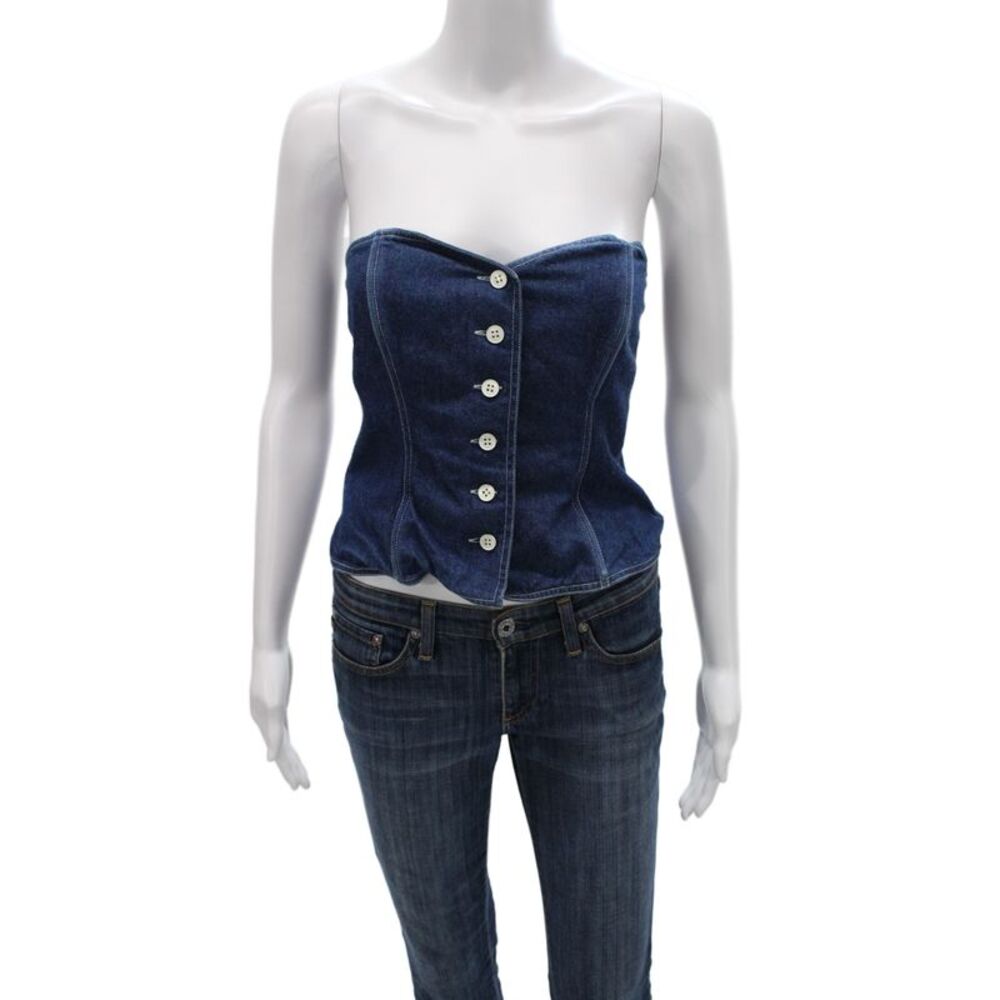 Guy Laroche Women Sleeveless Dark Blue Cotton 90s Button Up Top Solid Size 6